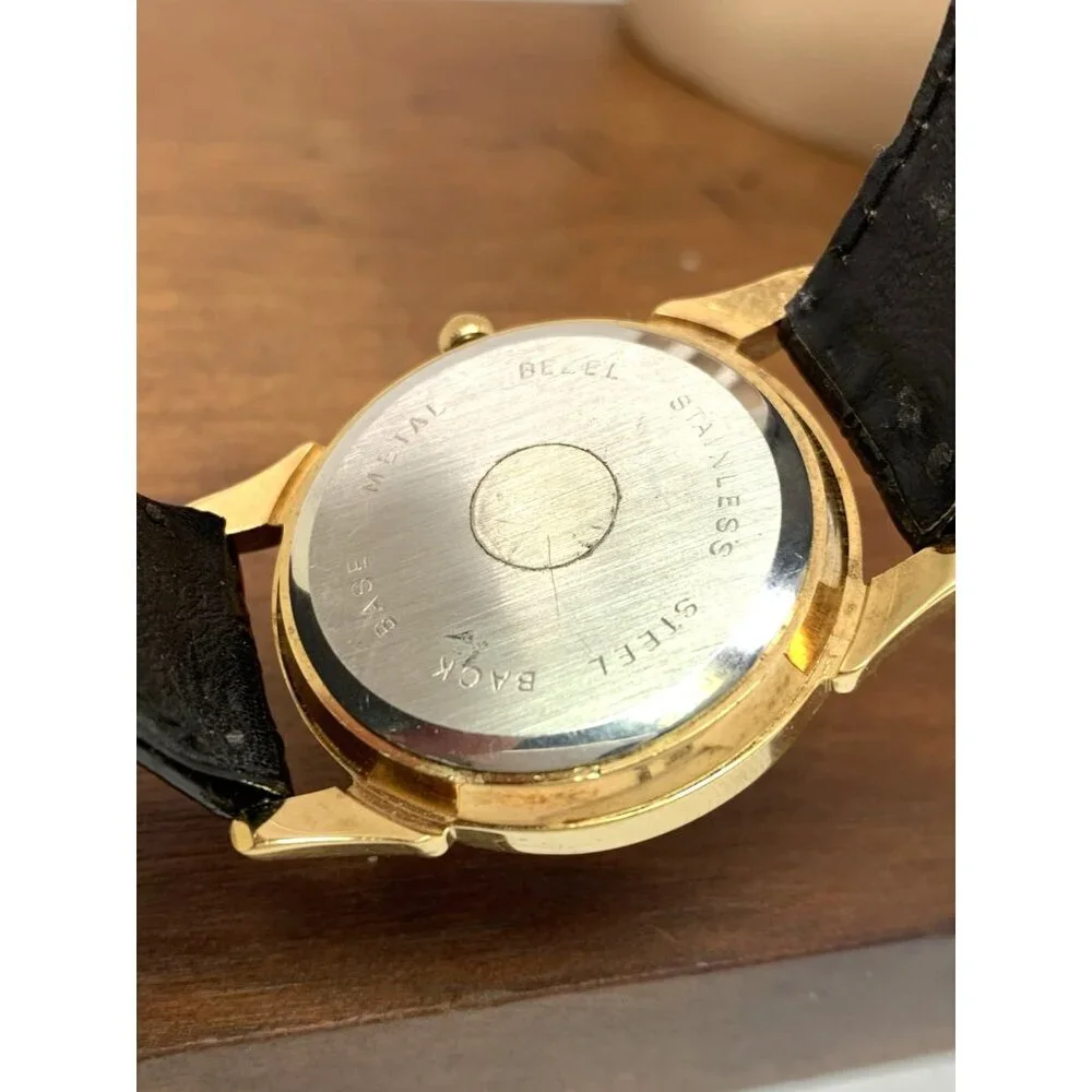 Benrus Women's Watch Quartz Vintage Black Dial Date Gold Leather Band 32mm